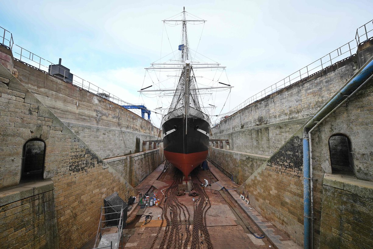 The frigate Belem receives its winter maintenance in a dry dock, La Rochelle, France. PHOTO: AFP