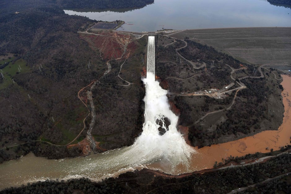 The Oroville Dam spillway releases 100,000 cubic feet of water per second down the main spillway in Oroville, California. PHOTO: AFP