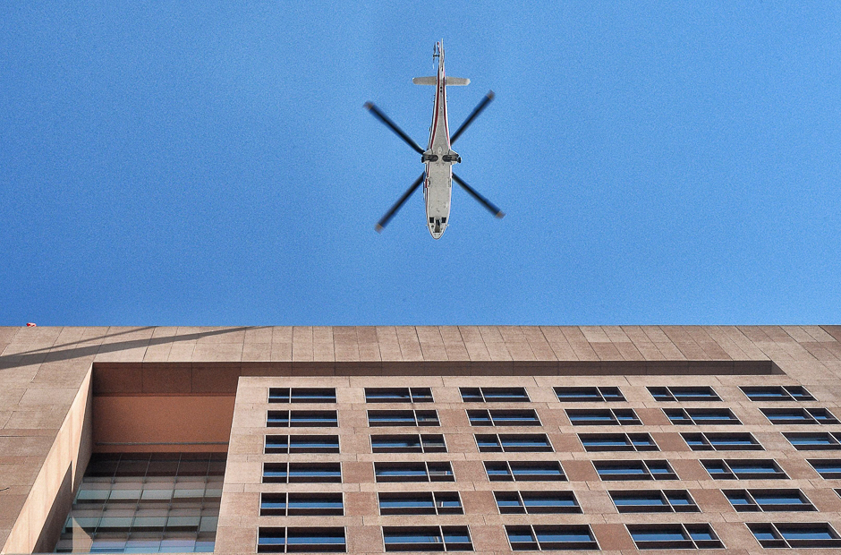 A helicopter arrives at the Foreign Ministry building in Mexico City, as US Secretary of State Rex Tillerson and US Secretary of Homeland Security John Kelly visit Mexico. PHOTO: AFP