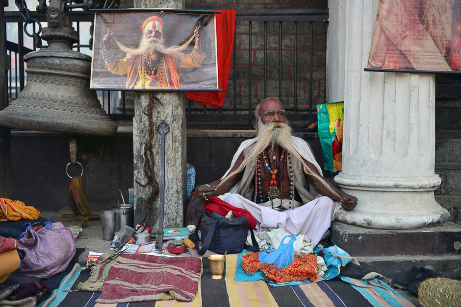 A Nepalese Sadhu (Hindu holy man) stretches his beard out at the Pashupatinath temple in Kathmandu. PHOTO: AFP
