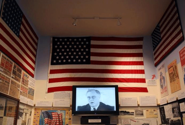 US President Franklin D. Roosevelt is seen on a television displaying a wartime propaganda film at the Bainbridge Island Historical Museum on Puget Sound's Bainbridge Island, Washington, US February 12, 2017. Photo: REUTERS
