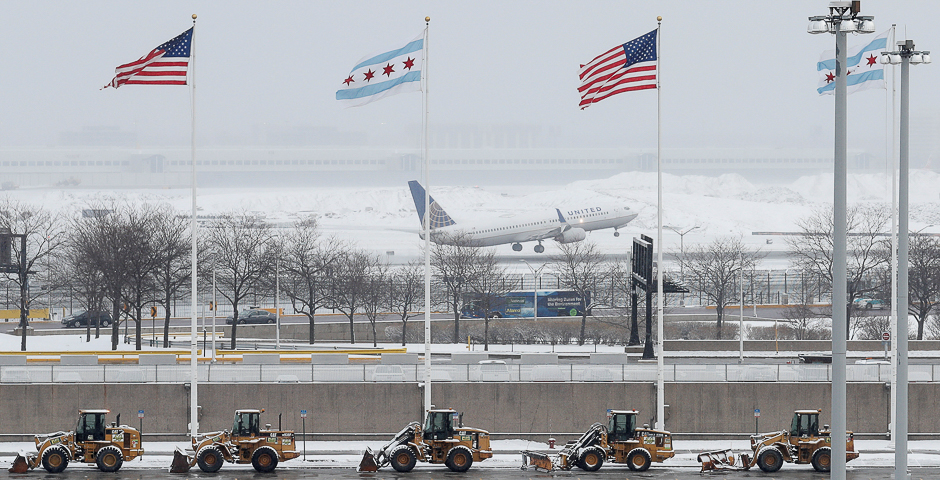 An United Airlines plane departs during a snowstorm at O'Hare International Airport in Chicago, Illinois, US. PHOTO: REUTERS