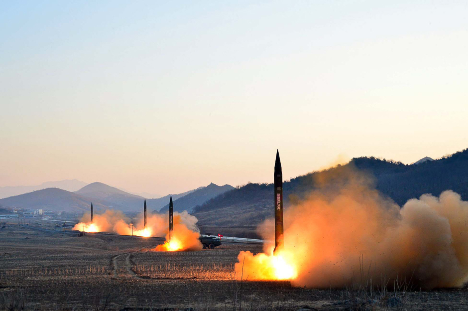 The visual shows the launch of four ballistic missiles by the Korean People's Army (KPA) during a military drill at an undisclosed location in North Korea. PHOTO: AFP