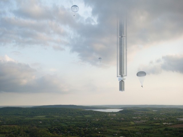 Analemma Tower will be a space-based building structure suspended through an asteroid in the air. PHOTO: THE CLOUDS ARCHITECTURE 