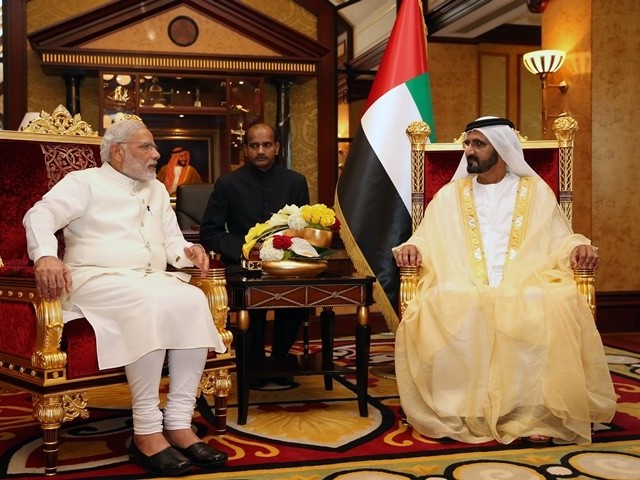 sheikh mohammed bin rashid al maktoum prime minister of the uae and ruler of dubai meeting with indian prime minister narendra modi before a meeting in dubai modi is on a two day visit the first by an indian premier in more than three decades during which he discussed quot cooperation quot with oil rich uae photo afp ho wam