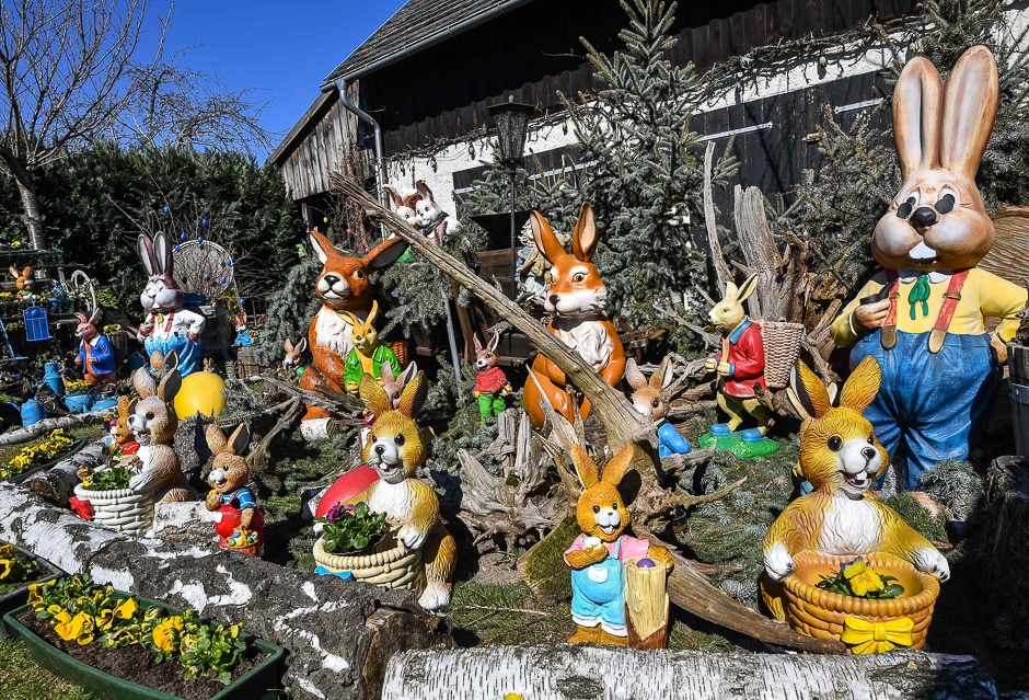 17.Figurines of Easter Bunnies stand in a garden in Straupitz in the Spreewald region, eastern Germany. PHOTO: AFP