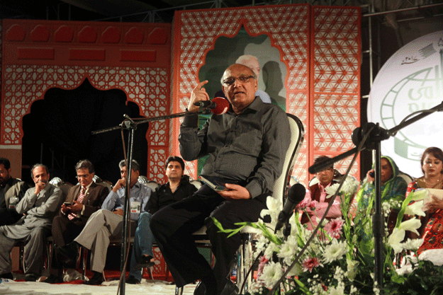 Senior poet Amjad Islam Amjad, satirist Anwar Masood from Lahore and Anwar Shaoor and Shahida Hasan from Karachi were among the senior poets who read out their popular verses right at the end of the mushaira, which continued into the early hours of Thursday morning. PHOTO: ATHAR KHAN