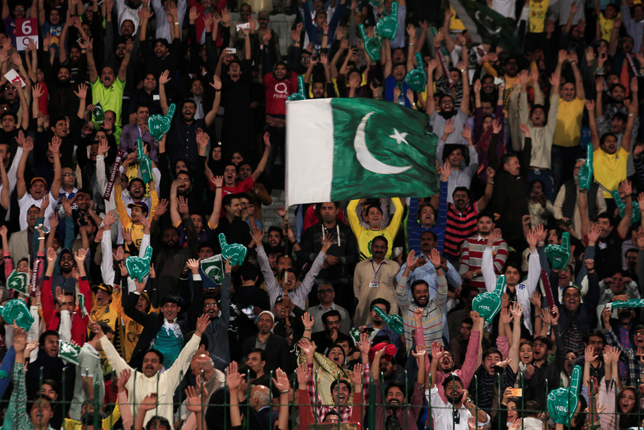 Spectators cheer during a hugely anticipated final of its domestic cricket league, Pakistan Super League (PSL) at the Gaddafi Cricket Stadium in Lahore. PHOTO: REUTERS