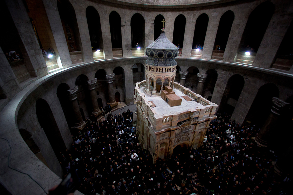 The restored Edicule is seen during a ceremony marking the end of restoration work on the site of Jesus's tomb, in the Church of the Holy Sepulchre, in Jerusalem's Old City. PHOTO: REUTERS