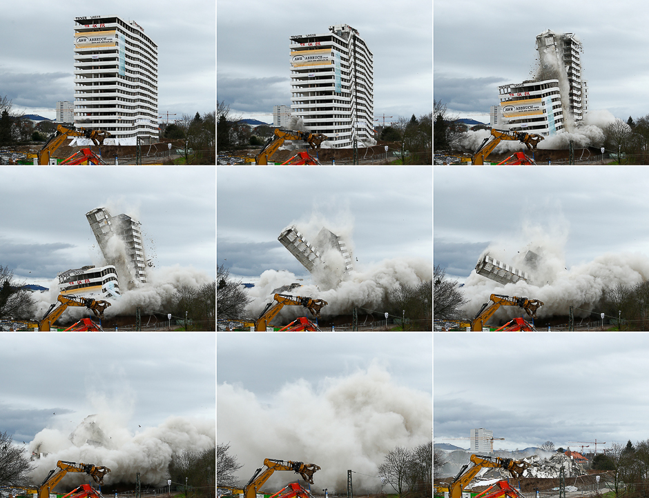 A combination picture shows the controlled demolition of Bonn Centre in Bonn, Germany. PHOTO: REUTERS