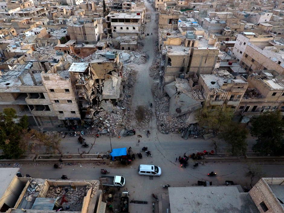 An aerial view shows destruction in al-Bab a month after Turkish-backed rebels recaptured the northern Syrian town from Islamic State (IS) group fighters. PHOTO: AFP