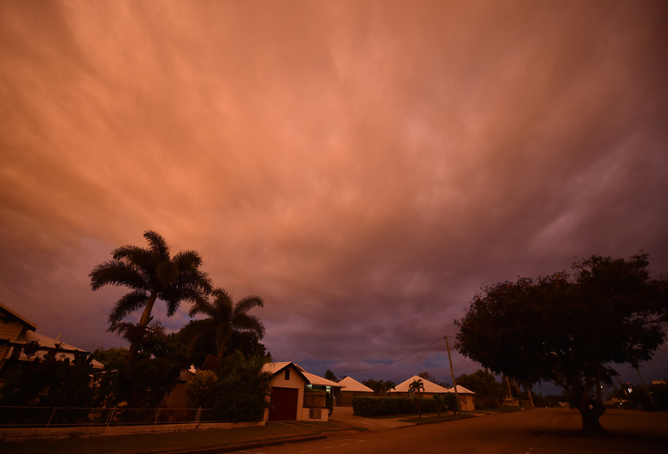 Storm clouds gather in the town of Ayr in far north Queensland as Cyclone Debbie approaches. PHOTO: AFP
