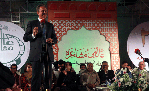 Karachi Mayor Wasim Akhtar, who was also present at the mushaira, vowed to name a major artery of the city in Hashmiâs name. PHOTO: ATHAR KHAN