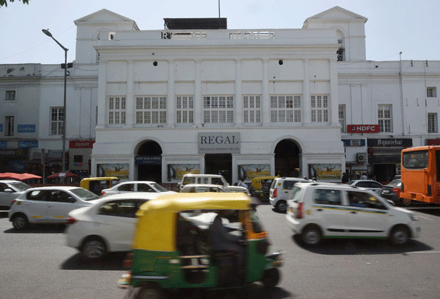 This picture taken on March 27, 2017 shows an exterior view of the Regal cinema, an 84-year-old movie hall, in the heart of the Indian capital New Delhi. PHOTO: AFP