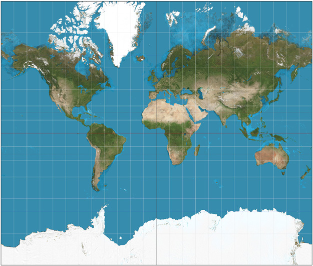 This map, created in 1569 by Gerardus Mercator for navigational purposes, warps the sizes of continents and countries. Africa is three times bigger than North America, for example, but appears smaller on the map. PHOTO: Wikimedia Commons