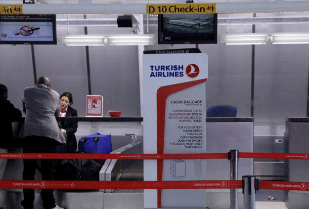 A sign for Turkish Airlines stands near the counters inside of JFK International Airport in New York, US, March 21, 2017. PHOTO: REUTERS