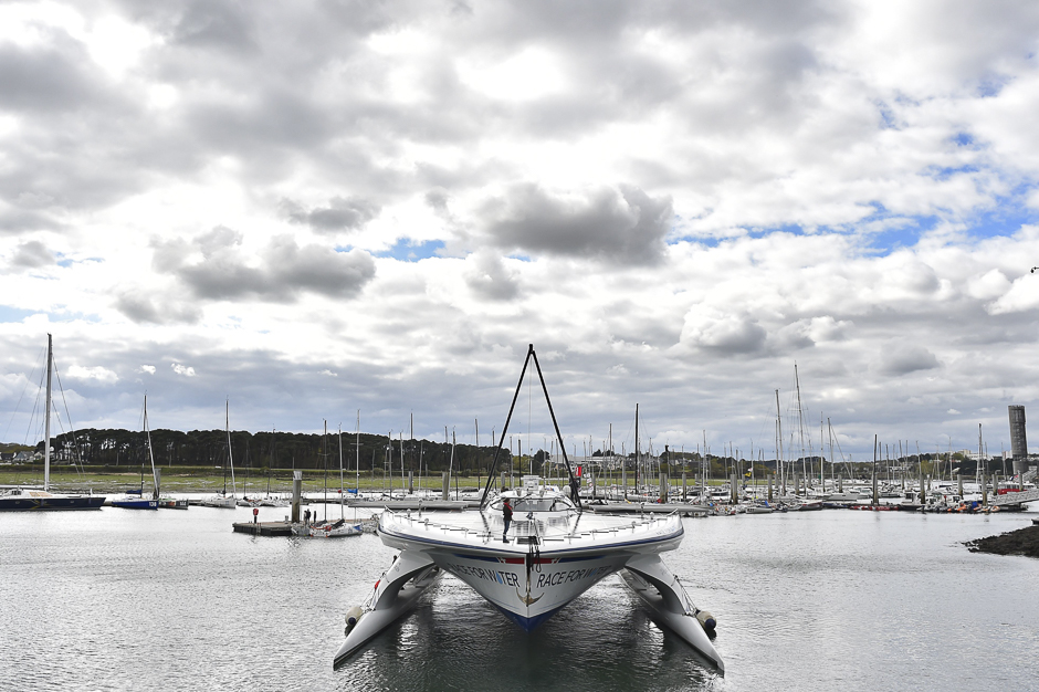 Race for Water foundation hydrogen and solar multihull Race for Water navigates to the docks in Lorient, a few days prior to the start of its round-the-world tour to promote efficient solutions to struggle against plastic and environmental pollutions. PHOTO: AFP