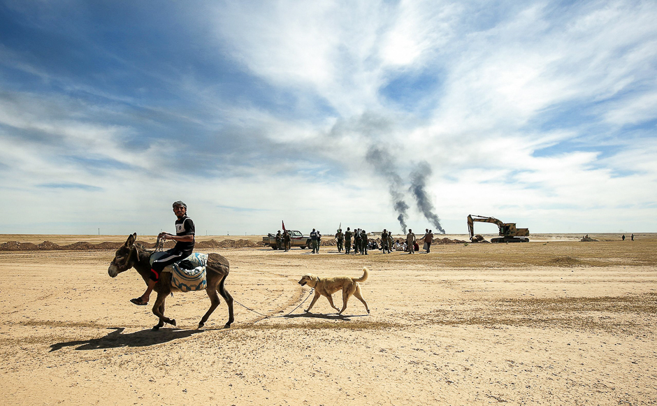 A diplaced Iraqi man rides a donkey, followed by his dog as pro-government Hashed al-Shaabi (Popular Mobilisation) paramilitary forces advance towards the UNESCO-listed ancient city of Hatra, southwest of the northern city of Mosul. PHOTO: AFP
