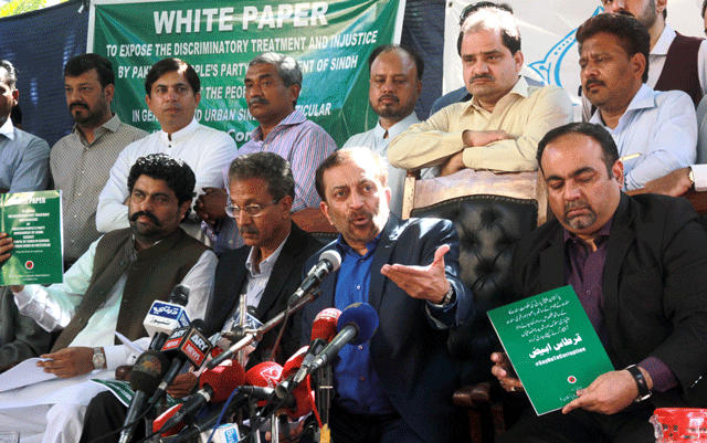 in a press conference at karachi press club mqm pakistan convener dr farooq sattar and other leaders issued a white paper against the ppp saying that the rival party systemically kept the urban centres in the province deprived of their due rights and fair share in the funds and resources photo athar khan