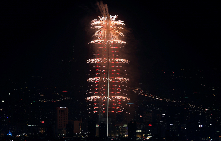 Fireworks explode over Lotte Group's 123-storey skyscraper Lotte World Tower, a day before its opening ceremony in Seoul, South Korea. PHOTO: REUTERS
