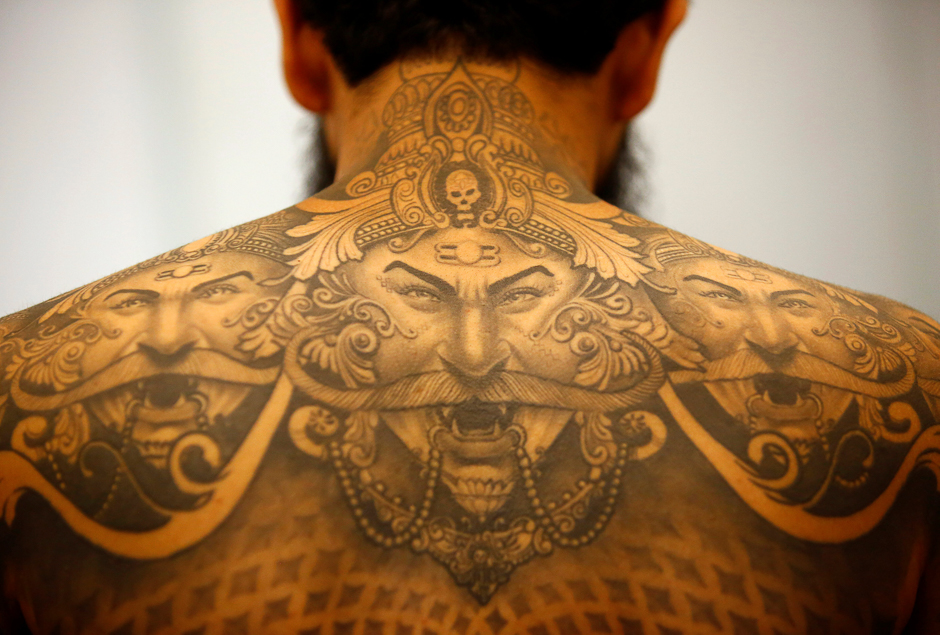 A tattoo of Hindu demon Ravan is pictured on a back of a man during the Nepal Tattoo Convention in Kathmandu, Nepal. PHOTO: REUTERS