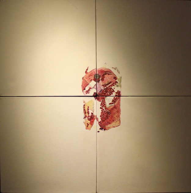 In the seventh artwork, the artist portrays 'Discord', where the pomegranate is being sliced into four pieces. PHOTO: CHAWKANDI ART GALLERY