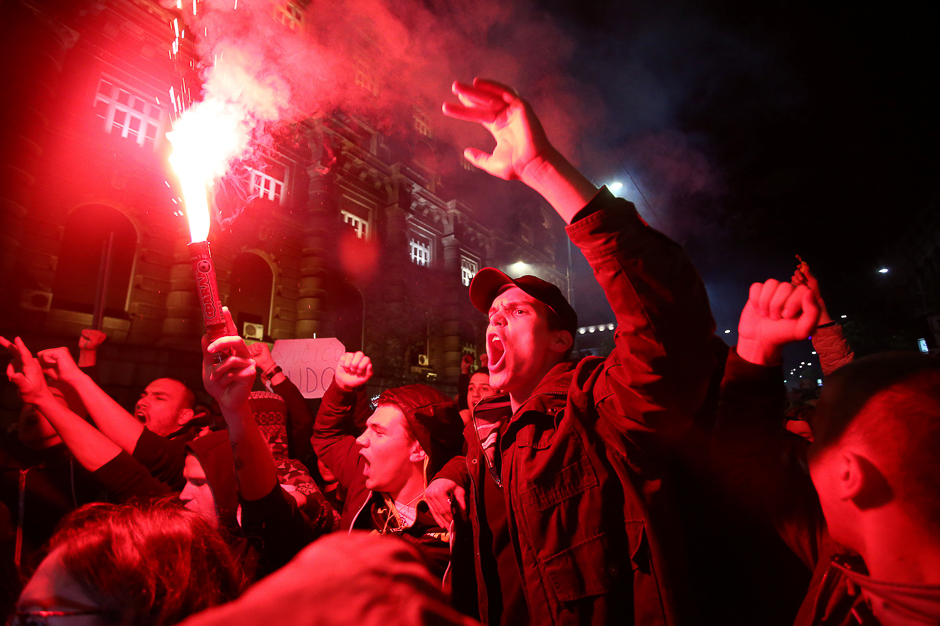 Protesters take part in a demonstration against the overwhelming victory of Prime Minister Aleksandar Vucic in Serbia's presidential election in Belgrade, Serbia. PHOTO: REUTERS