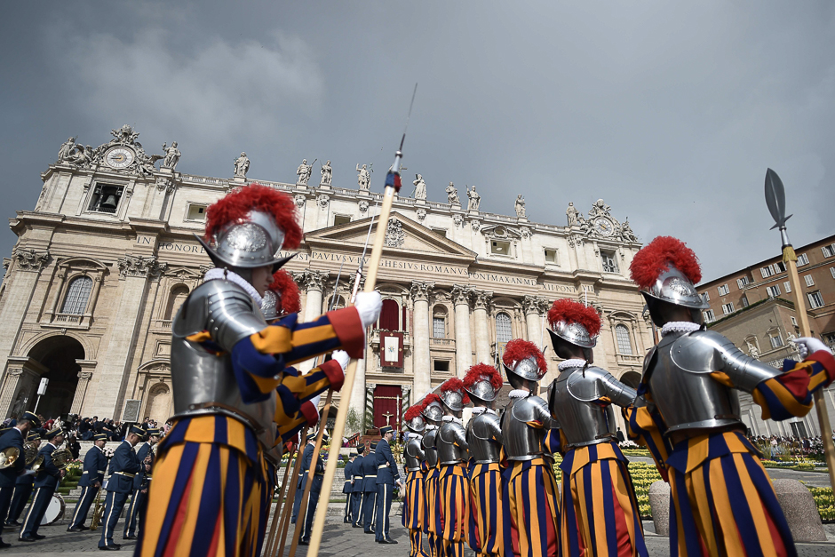Swiss Guards parade before the Easter Sunday mass at St Peter's square in Vatican. PHOTO: AFP