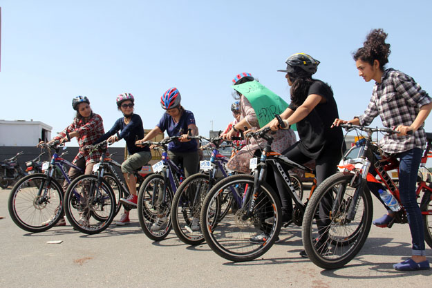 The female bikers were riding to promote women reclaiming public spaces. PHOTO: AYESHA MIR/EXPRESS