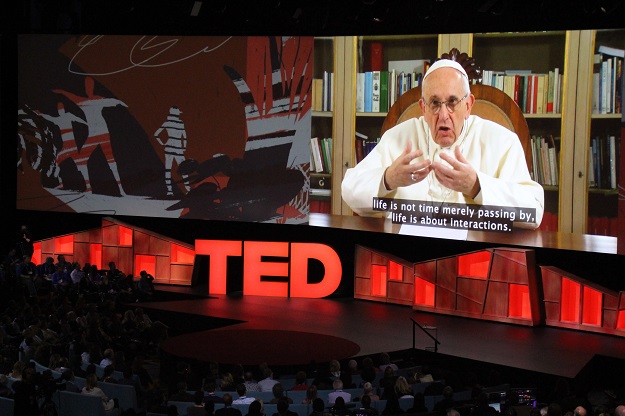 Pope Francis speaks during the TED Conference, urging people to connect with and understand others, during a video presentation at the annual scientific, cultural and academic event in Vancouver, Canada, April 25, 2017. PHOTO: AFP