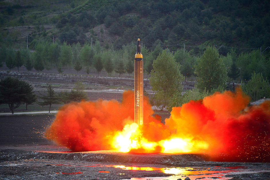 The long-range strategic ballistic rocket Hwasong-12 (Mars-12) is launched during a test in this undated photo released by North Korea's Korean Central News Agency (KCNA). PHOTO: REUTERS