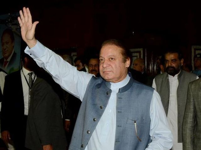 Prime Minister Nawaz Sharif gestures at supporters. PHOTO: AFP