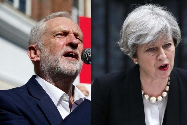 (L) Labour leader Jeremy Corbyn and (R) Prime Minister Theresa May PHOTO:REUTERS 