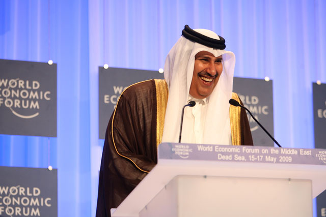 qatari prince hamad bin jassim bin jaber al thani delivers a speech at the world economic forum on the middle east at the dead sea in jordan may 15 2009 photo courtesy world economic forum