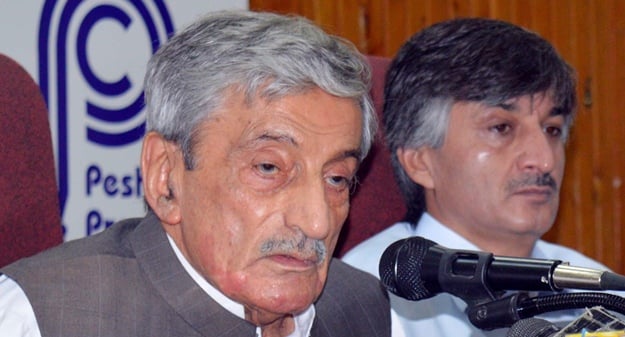 former minister and anp leader ghulam ahmad bilour speaks at a press conference at the peshawar press club on wednesday may 31 2017 photo ppi