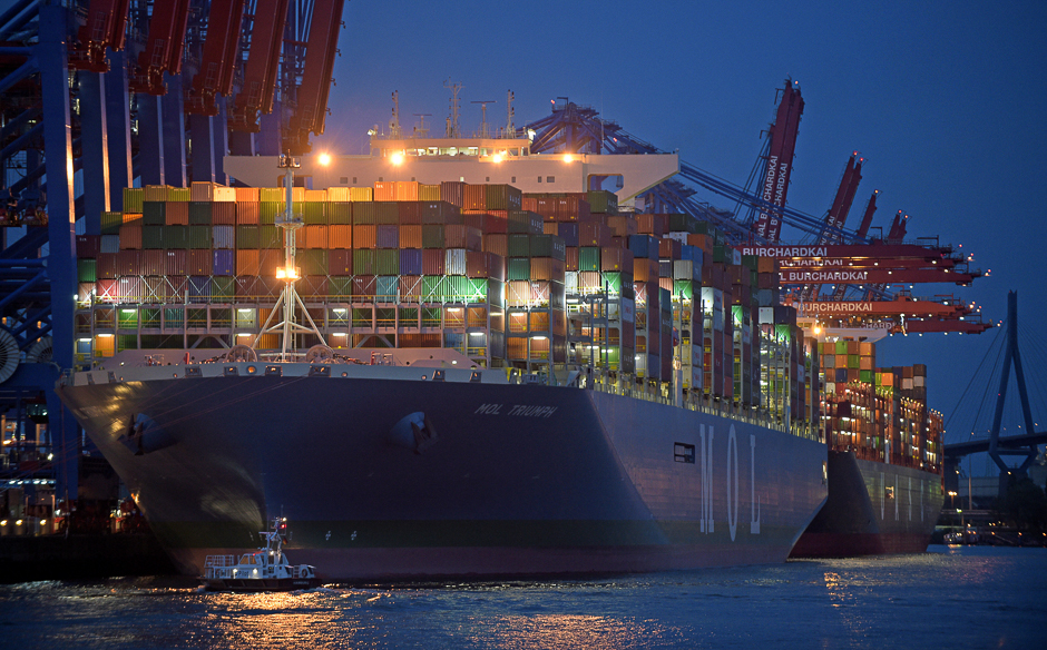 Mol Triumph, the world's largest container ship, arrives at a loading terminal in the harbour of Hamburg, Germany. PHOTO: REUTERS