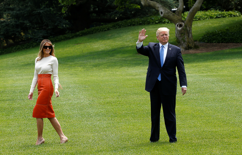 Melania Trump looks back as US President Donald Trump waves upon his departure from the White House to embark on his trip to the Middle East and Europe, in Washington, US. PHOTO: REUTERS