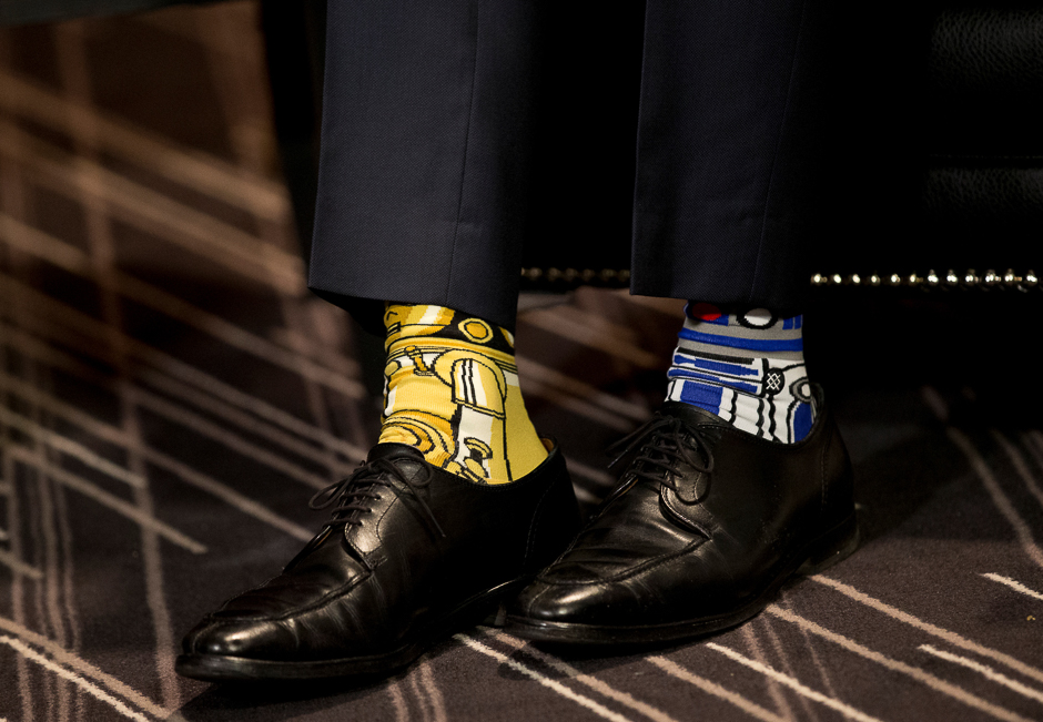 Canadian Prime Minister Justin Trudeau wears Star Wars themed socks as he meets with his Irish counterpart, Taoiseach Enda Kenny during his visit to Montreal, Quebec, Canada. PHOTO: REUTERS