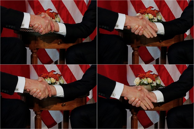 A combination photo shows U.S. President Donald Trump (L) trying twice to let go of a handshake with France's President Emmanuel Macron (R) as Macron holds tight, before a working lunch ahead of a NATO Summit in Brussels, Belgium, May 25, 2017.  PHOTO: REUTERS
