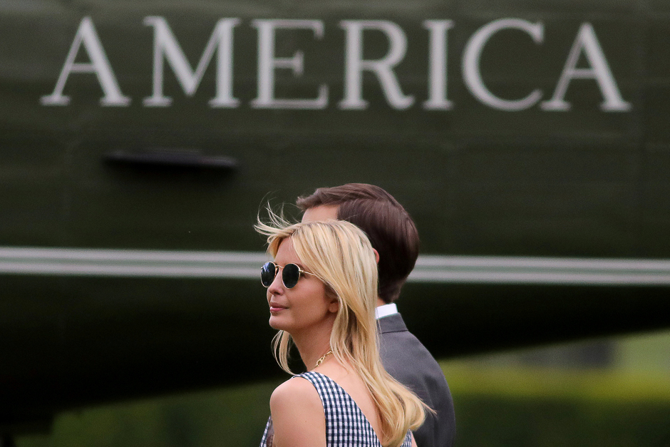 White House senior adviser Ivanka Trump and her husband senior adviser Jared Kushner walk along the South Lawn of the White House in Washington, US, as they accompanied US. President Donald Trump before his departure to New York. PHOTO: REUTERS