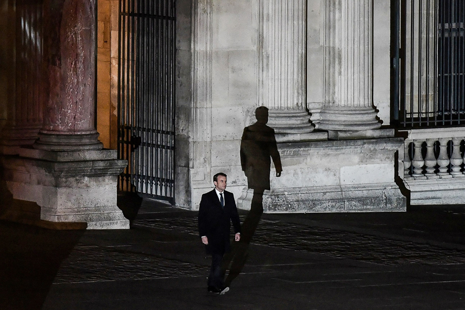 French president-elect Emmanuel Macron arrives to deliver a speech at the Pyramid at the Louvre Museum in Paris on May 7, 2017, after the second round of the French presidential election. PHOTO: AFP