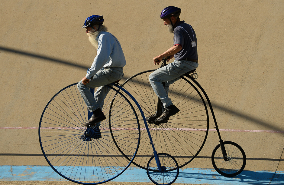 Men ride penny farthing bicycles during the 2017 Sydney Classic Bicycle Show at Canterbury Velodrome in Sydney. PHOTO: AFP