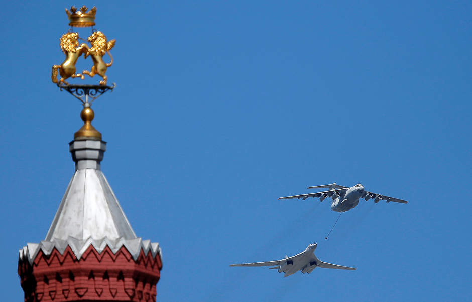 Russian army Il-78 air tanker demonstrates refuelling a Tu-160 strategic bomber during a rehearsal before the World War II anniversary in Moscow. PHOTO: REUTERS