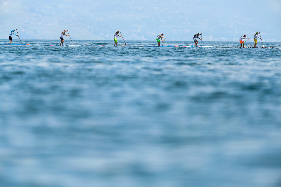Athletes compete in the Thonon Sup Race, a 19km race crossing Lake Geneva between Lausanne, Switzerland, and Thonon-les-bains, France, during week five of the stand-up paddle Euro Tour 2017 roadshow, off Lausanne. PHOTO: AFP