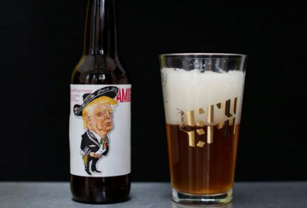 A bottle of beer named 'Amigous,' with an image of US President Donald Trump, is pictured at the Cru Cru brewery in Mexico City, Mexico, June 14, 2017. PHOTO: REUTERS