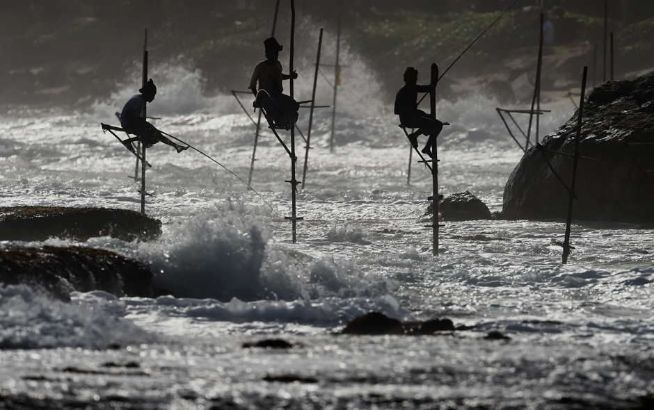 Sri Lankan stilt fishermen work on their poles in the southern town of Galle. PHOTO: AFP