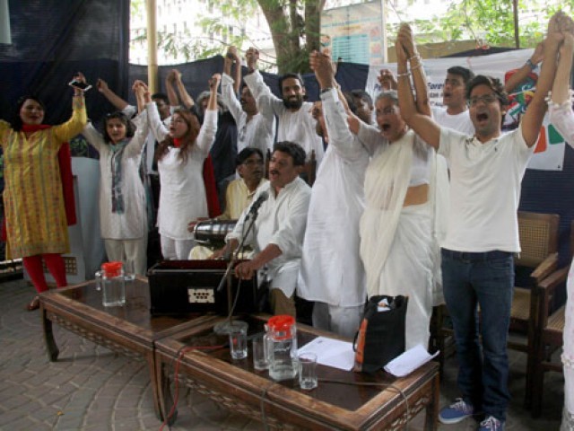 Speaking up: Activists gathered at the Karachi Press Club to launch the campaign in the city. They were simultaneously joined by their counterparts across Pakistan and India. PHOTO: ATHAR KHAN/ EXPRESS