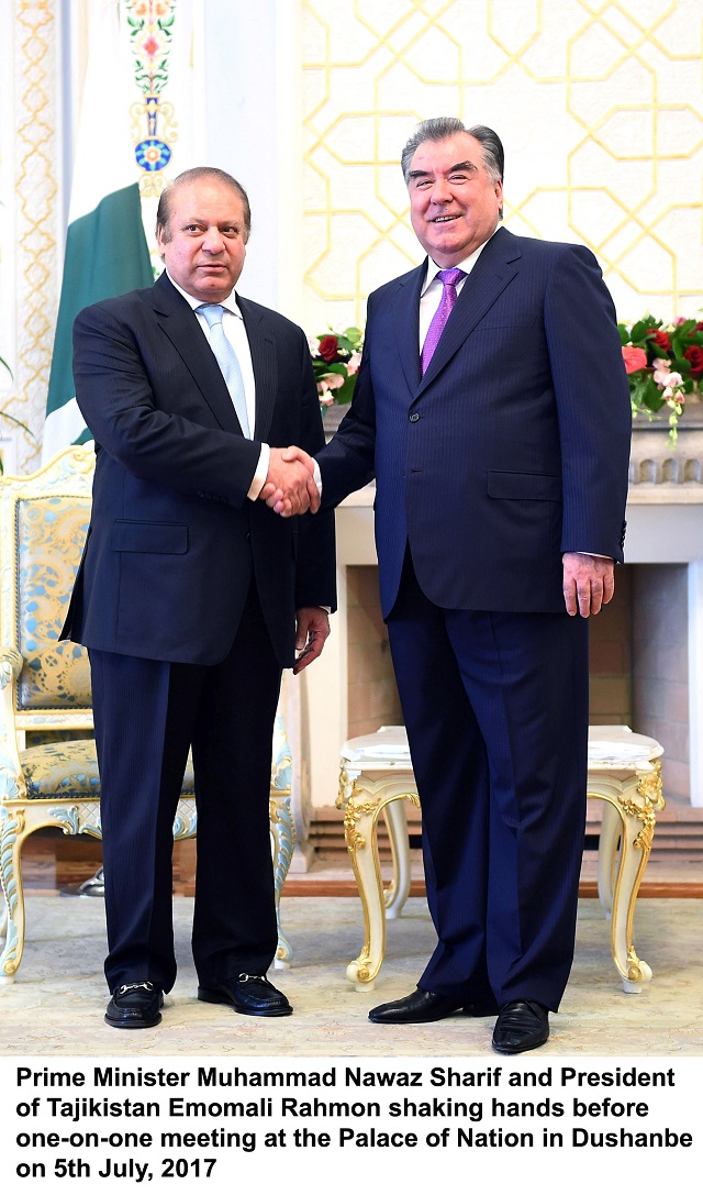 prime minister muhammad nawaz sharif and president of tajikistan emomali rahmon shaking hands before one on one meeting at the palace of nation in dushanbe on 5th july 2017 photo pid