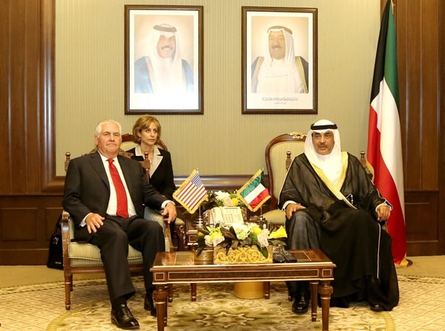 a photo provided by the kuwaiti news agency kuna on july 10 2017 shows kuwaiti foreign minister sheikh sabah al khaled al sabah r receiving us secretary of state rex tillerson l at the foreign ministry headquarters in kuwait city photo afp