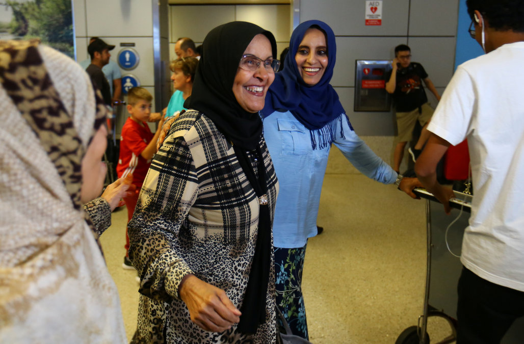 hanadi al hai r welcomes her mother traveling from jordan on a yemeni passport following the reinstatement by the u s supreme court of portions of president donald trump 039 s executive order targeting travelers from six predominantly muslim countries in los angeles california us photo reuters